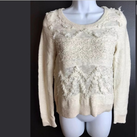 Anthropologie MOTH Bramble Fringe Sweater Ivory Pullover Knit Wool Alpaca Blends - Picture 2 of 11
